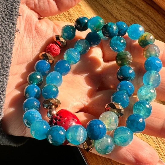 RED CORAL + DRAGON VEINS AGATE NATURAL STONES BRACELET size 7”,8” - Picture 13 of 13